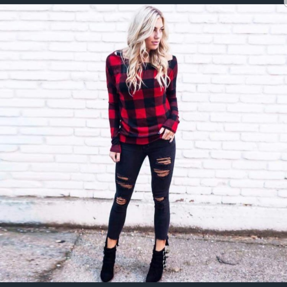 Buffalo plaid off-shoulder shirt